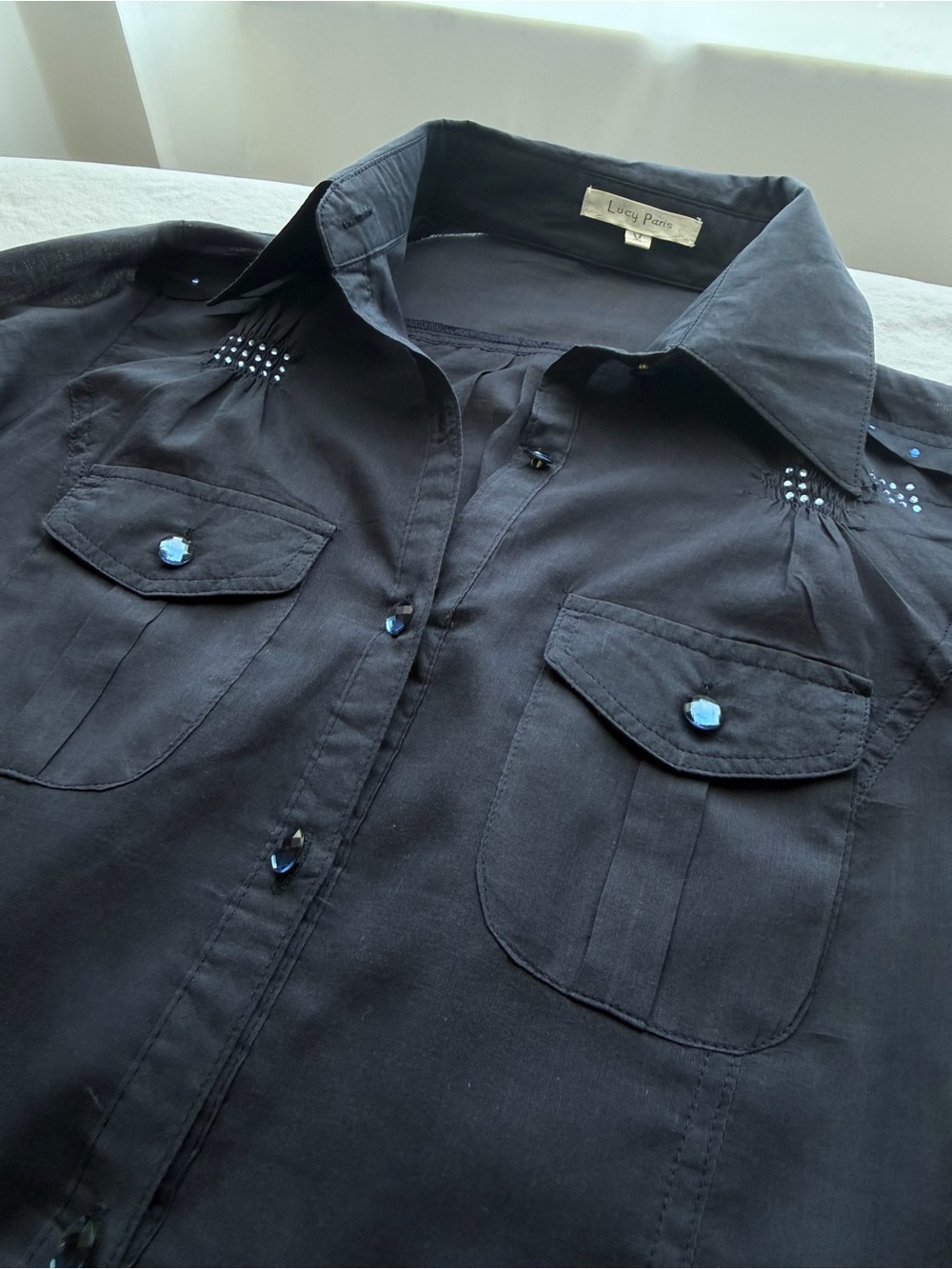 Lucy Paris Navy Rhinestone Ruched Button Up Shirt M Y2K - Picture 12 of 16